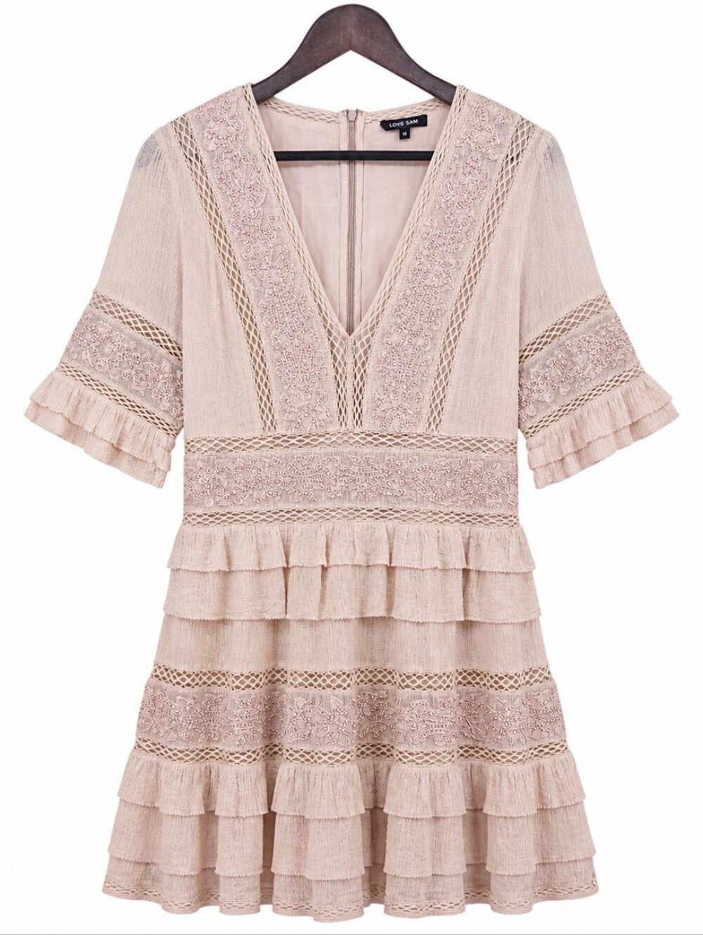 Love Sam Beaded Embroidered Boho Mini Dress Blush Lace Tiered Ruffle M - Picture 2 of 16